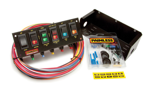Painless Wiring 50302 Switch Panel, Bar Mount, 8-3/4 x 3 in, 1 Momentary Rocker / 3 Rockers / 2 3-Way Position Rockers, Fused, Indicator Lights, Harness, Black, Kit