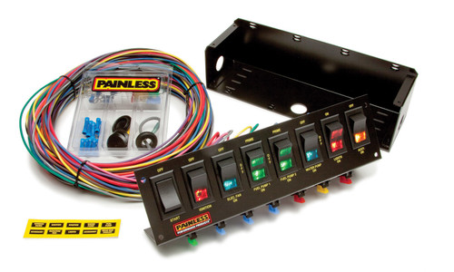 Painless Wiring 50303 Switch Panel, Bar Mount, 10-3/4 x 3 in, 1 Momentary Rocker / 4 Rockers / 3 3-Way Position Rockers, Fused, Indicator Lights, Harness, Black, Kit