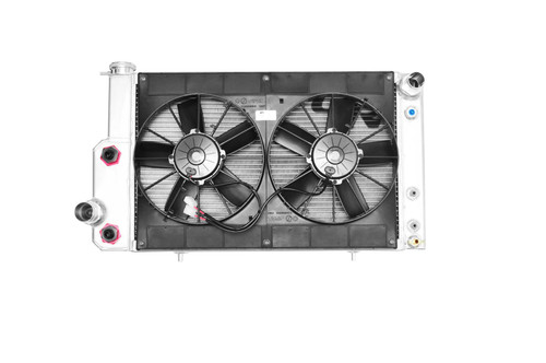 Pwr North America 15-10554 Radiator and Fan, 31-3/4 in W x 18-3/8 in H x 6-7/8 in D, Passenger Side Inlet, Driver Side Outlet, Aluminum, Natural, Ford Mustang 1967-70, Kit