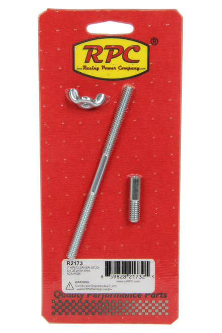 Racing Power Co-Packaged R2173 Air Cleaner Stud, 1/4-20 in Thread, 5 in Long, 5/16-18 in Adapter, Steel, Zinc Oxide, Each