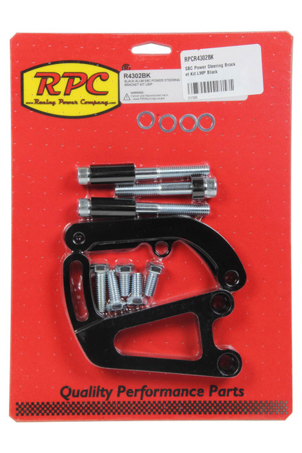 Racing Power Co-Packaged R4302BK Power Steering Pump Bracket, Driver Side, Block Mount, Aluminum, Black Anodized, Long Water Pump, Small Block Chevy, Kit