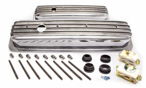 Racing Power Co-Packaged R6196 Valve Cover, Short, 2-9/16 in Height, Baffled, Breather Holes, Hardware Included, Full Finned, Aluminum, Polished, Center Bolt, Small Block Chevy, Pair