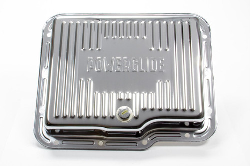 Racing Power Co-Packaged R9124 Transmission Pan, Stock Depth, Ribbed, Steel, Chrome, Powerglide, Each