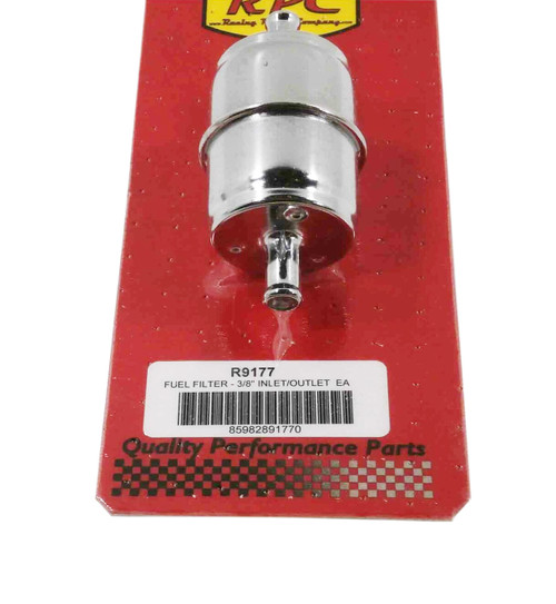 Racing Power Co-Packaged R9177 Fuel Filter, In-Line, 10 Micron, Disposable, Paper Element, 3/8 in Hose Barb Inlet / Outlet, Steel, Chrome, Each