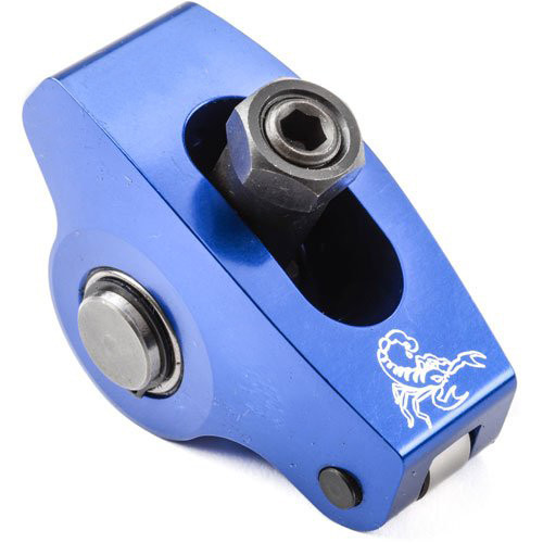 Scorpion Performance 1009 Rocker Arm, Race Series, 7/16 in Stud Mount, 1.65 Ratio, Full Roller, Aluminum, Blue Anodized, Small Block Chevy, Set of 16