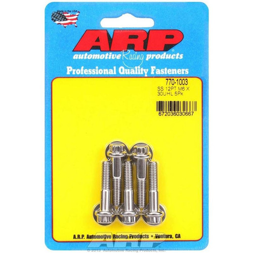 ARP 770-1003 Bolts, M6 x 1.0 12-Point, Stainless Steel, Polished, RH Thread, Set of 5