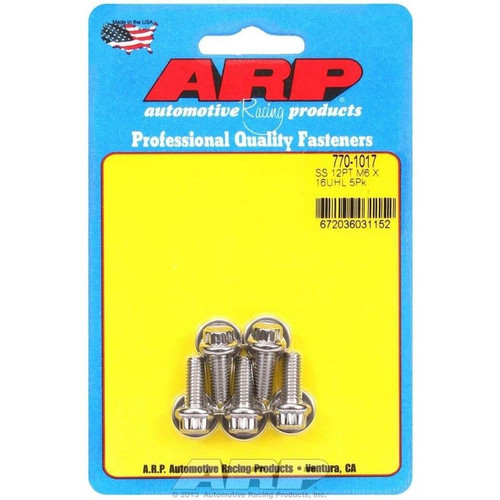 ARP 770-1017 Bolts, M6 x 1.0 12-Point, Stainless Steel, Polished, RH Thread, Set of 5