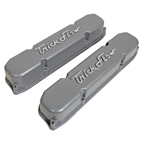 Trick Flow TFS-61600802 Valve Cover, Stock Height, Trick Flow Logo, Aluminum, Silver Powder Coat, Mopar B / RB-Series, Pair