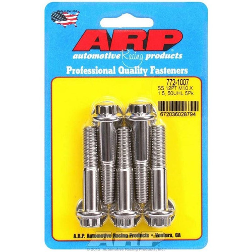 ARP 772-1007 Bolts, M10 x 1.5 12-Point, Stainless Steel, Polished, RH Thread, Set of 5