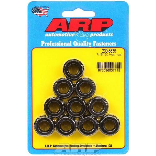 ARP 200-8636 Nuts, 7/16-20 in. RH Thread, Hex, Steel, Black Oxide, Set of 10