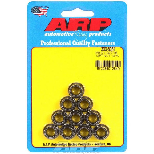 ARP 300-8361 Nuts, M9 x 1.0 RH Thread, 12-Point Head, Steel, Black Oxide, Set of 10