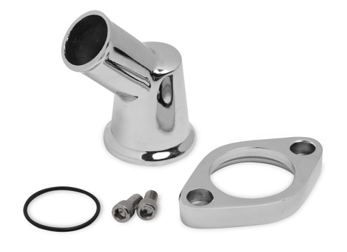 Weiand 6242 Water Neck, 45 Degree, 1-1/2 in ID Hose, Swivel, O-Ring, Hardware Included, Aluminum, Polished, Chevy V8, Each