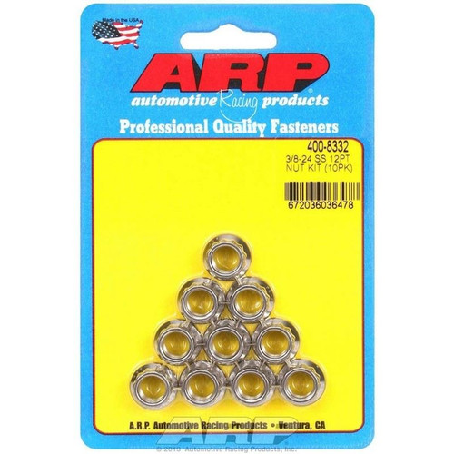 ARP 400-8332 Nuts, 3/8-24 in. RH Thread, 12-Point, Stainless Steel, Polished, Set of 10