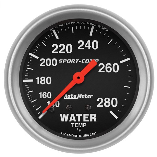 AutoMeter 3431 2-5/8 in. Water Temperature, 140-280 F, 6 ft., Mechanical, Sport Comp Gauge, Black