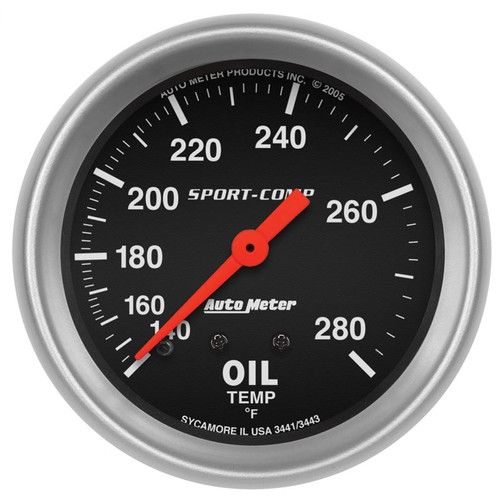 AutoMeter 3443 2-5/8 in. Oil Temperature, 140-280 F, 12 ft., Mechanical, Sport Comp Gauge, Black