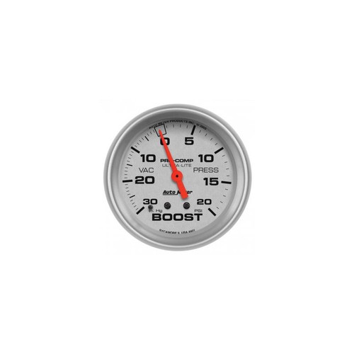 AutoMeter 4401 2-5/8 in. Boost/Vacuum, 30 in. HG/20 PSI, Mechanical, Ultra Lite Gauge, Silver