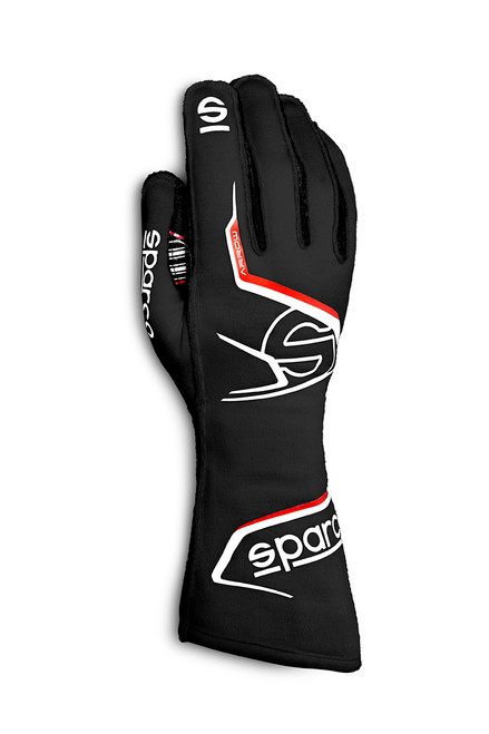 Sparco 00131412NRRS Driving Gloves, Arrow, SFI 3.3/5, FIA Approved, Single Layer, Fire Retardant Fabric, Black / Red, X-Large, Pair