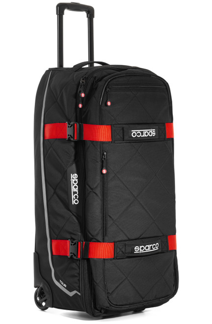 Sparco 016437NRRS Gear Bag, Tour, 33 in Long x 15 in Wide x 16 in Deep, Roller Wheels, Zipper Closure, Retractable Handle, Sparco Logo, Red Straps, Polyester, Black, Each