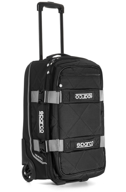 Sparco 016438NRSI Gear Bag, Travel, 22 in Long x 14 in Wide x 10 in Deep, Roller Wheels, Zipper Closure, Retractable Handle, Sparco Logo, Silver Straps, Polyester, Black, Each