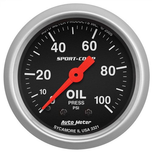 AutoMeter 3321 2-1/16 in. Oil Pressure Gauge, 0-100 PSI, Mechanical, Sport Comp, Black