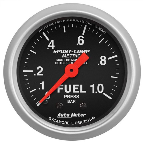 AutoMeter 3311-M 2-1/16 in. Fuel Pressure Gauge, 0-1.0 Bar, Mechanical, Sport Comp, Black