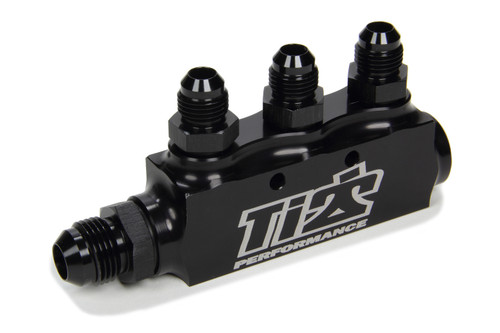 Ti22 Performance TIP5500 Fuel Block, Three 6 AN Female Ports, One 8 AN Female Port, Male Adapter Fittings Included, One 8 AN Male Fitting, Aluminum, Black Anodized, Each