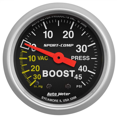 AutoMeter 3308 2-1/16 in. Boost/Vacuum Gauge, 30 In HG/45 PSI, Mechanical, Sport Comp, Black
