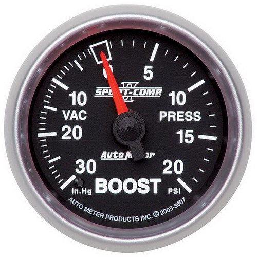 AutoMeter 3607 2-1/16 in. Boost/Vacuum Gauge, 30 In HG/20 PSI, Mechanical, Sport Comp II, Black