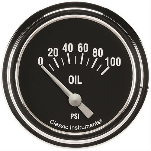 Classic Instruments HR281SLF Oil Pressure Gauge, Hot Rod, 0-100 psi, Electric, Analog, Short Sweep, 2-5/8 in Diameter, Low Step Stainless Bezel, Flat Lens, Black Face, Each