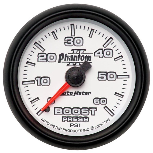 AutoMeter 7505 2-1/16 in. Boost Gauge, 0-60 PSI, Mechanical, Phantom II, White/Black