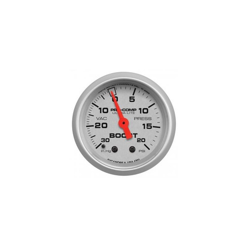 AutoMeter 4301 2-1/16 in. Boost/Vacuum Gauge, 30 In HG/20 PSI, Mechanical, Ultra Lite, Silver