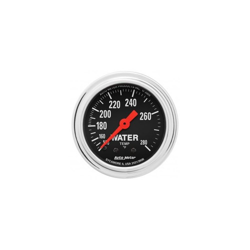 AutoMeter 2431 2-1/16 in. Water Temperature Gauge, 140-280 F, 6 Ft., Mechanical, Traditional Chrome, Black