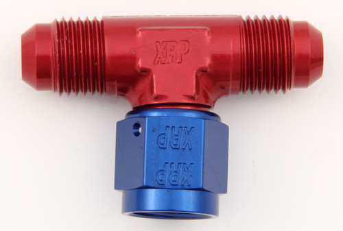XRP-Xtreme Racing Prod. 900210 Fitting, Adapter Tee, 10 AN Male x 10 AN Male, 10 AN Female Swivel, Aluminum, Blue / Red Anodized, Each