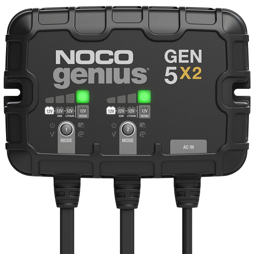 Noco GEN5X2 Battery Charger, Genius, 12V, 10 amp, 2-Bank, Quick Connect Harness, Each