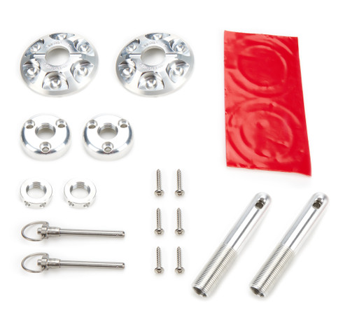 Ring Brothers 9111N Hood Pin, Round Billet Hood Pin Kit, 3/4 x 4-1/2 in Long, 3 in OD Scuff Plates, Quick Release Clips, Hardware Included, Aluminum, Clear Anodized, Universal, Kit