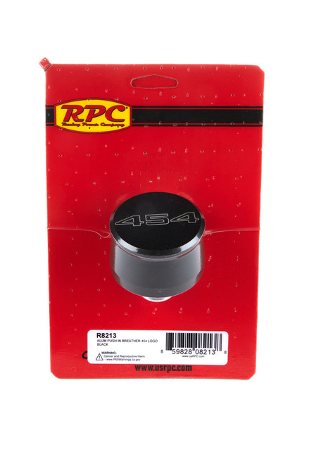 Racing Power Co-Packaged R8213 Breather, Push-In, Round, 1-1/4 in Hole, 454 Script Logo, Aluminum, Black Powder Coat, Each