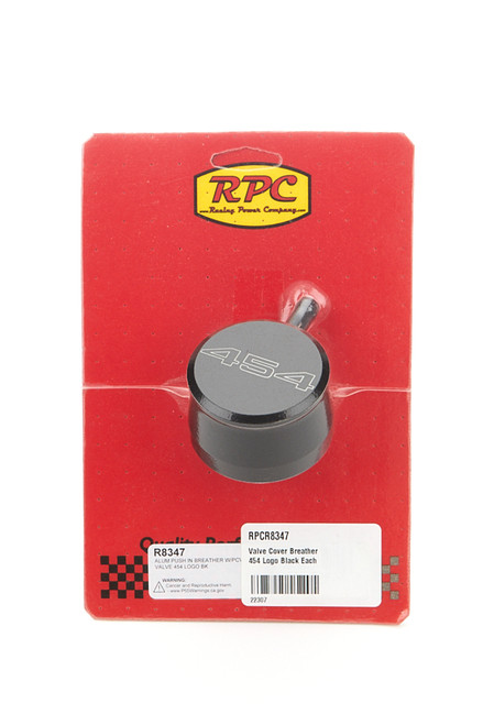 Racing Power Co-Packaged R8347 Breather, Push-In, Round, 1-1/4 in Hole, PCV Valve, 454 Script Logo, Aluminum, Black Powder Coat, Each