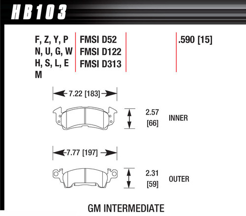 Hawk Brake HB103N.590 Brake Pads, HP Plus Compound, Wide Temperature Range, GM Fullsize Caliper, Set of 4