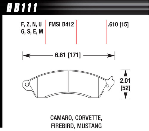 Hawk Brake HB111F.610 Brake Pads, HPS Compound, High Torque, GM / Ford, Set of 4