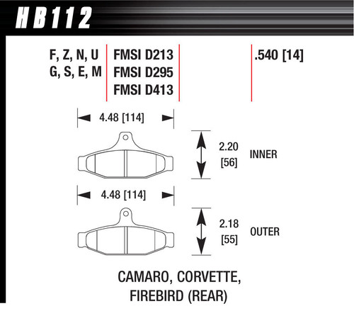 Hawk Brake HB112E.540 Brake Pads, Blue 9012 Compound, Low-Intermediate Torque, Low-Mid Temperature, Rear, GM F-Body / Chevy Corvette, Set of 4