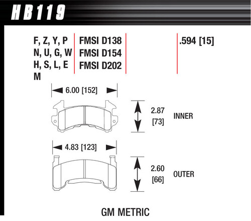 Hawk Brake HB119S.594 Brake Pads, HT-10 Compound, Intermediate-High Torque, Mid-High Temperature, GM Metric Caliper, Set of 4