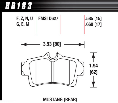 Hawk Brake HB183N.585 Brake Pads, HP Plus Compound, Wide Temperature Range, Rear, Ford Mustang 1994-2004, Set of 4
