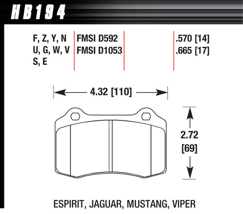 Hawk Brake HB194F.570 Brake Pads, HPS Compound, High Torque, Rear, Aston Martin / Ferrari / GM / Hyundai / Jaguar / Lotus / Mopar / Volvo, Set of 4