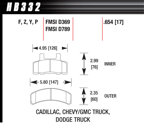 Hawk Brake HB332F.654 Brake Pads, HPS Compound, High Torque, GM / Mopar, Set of 4