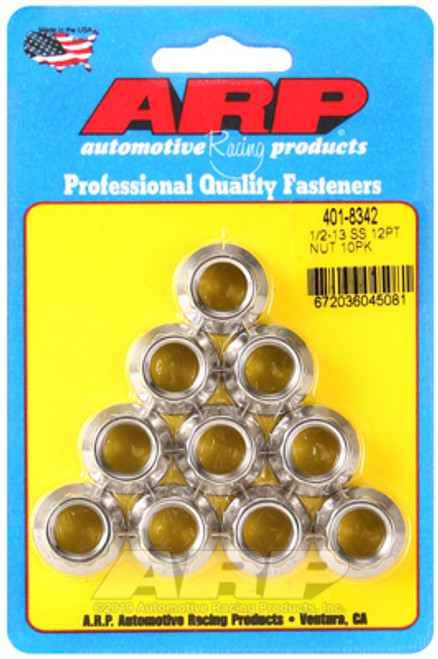 ARP 401-8342 Nut, 1/2-13 in. Thread, 9/16 in. 12 Point Head, Stainless, Polished, Universal, Set of 10