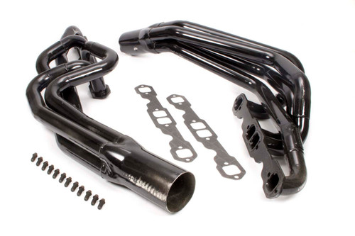 Schoenfeld 135V Headers, Conventional Crossover, 1.625 to 1.75 in. Primary, 3.5 in. Collector, Steel, Black Paint, Small Block Chevy, Pair