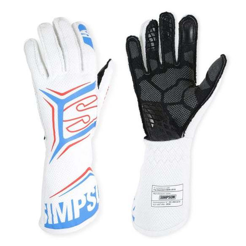 Simpson Safety MGLW Driving Gloves, Magnata, SFI 3.5/5, Double Layer, Nomex / Mesh, Elastic Cuff, White / Blue, Large, Pair