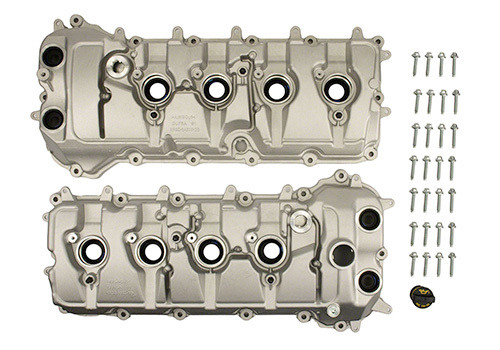 Ford M-6067-M52S Valve Cover, Stock Height, Baffled, Oil Fill Cap, Aluminum, Natural, Ford Coyote, Pair