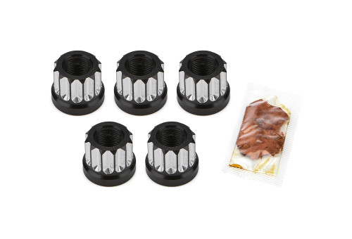 Drag Race Solutions 7505-625M Lug Nut, Flat, 5/8-18 in. Thread, Open End, 12 Point, Billet Aluminum, Black/Silver Machined, Set of 5