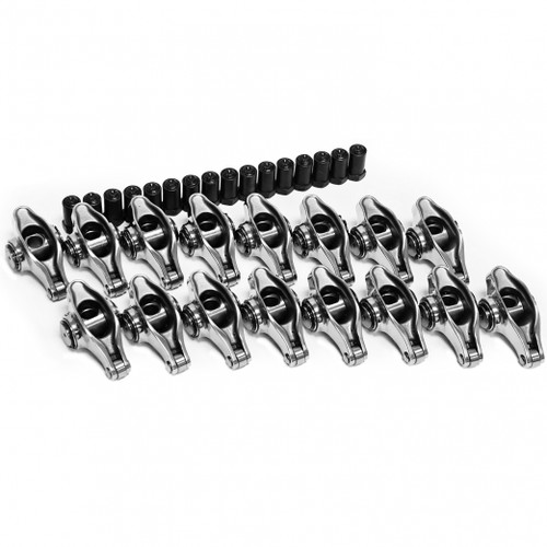PRW Industries, Inc. 62302778 Rocker Arm, Elite Series, 7/16 in. Stud Mount, 1.80/1.70 Ratio, Full Roller, Stainless, Small Block Ford, Set of 16